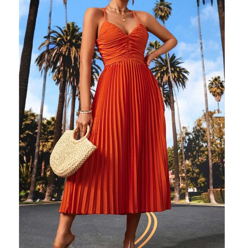Luxe Orange Criss Cross Tie Back Ruched Pleated Dress - Picture 1 of 3
